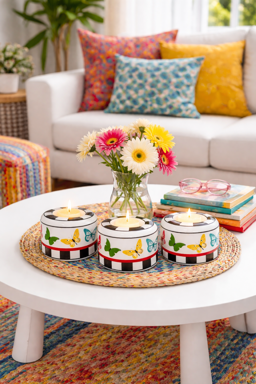 Mumluk 3 lü Seramik Tilayt Mumluk Dekoratif Obje Renkli Kelebek Desen