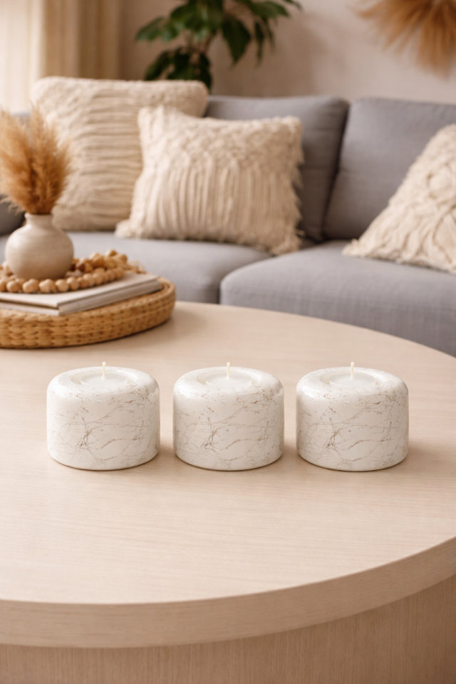 Mumluk 3 lü Seramik Tilayt Mumluk Dekoratif Obje Beyaz Mermer Gold