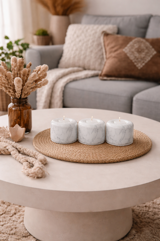 Mumluk 3 lü Seramik Tilayt Mumluk Dekoratif Obje Beyaz Mermer GÜMÜŞ