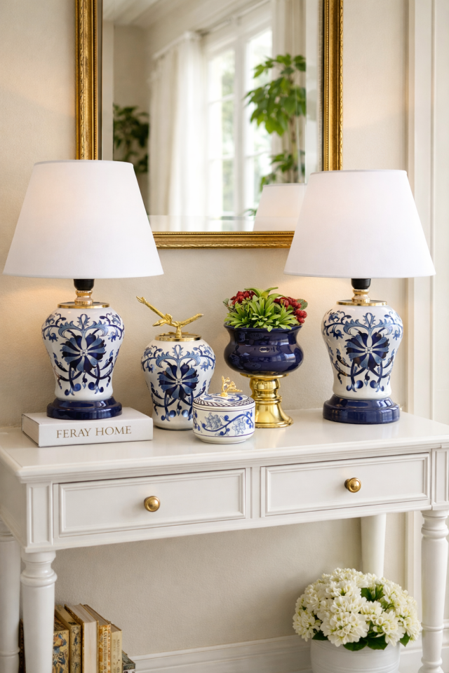 Salon Seti Abajur Aydınlatma ve Dekoratif Obje Mavi Çiçekli Desen Gold