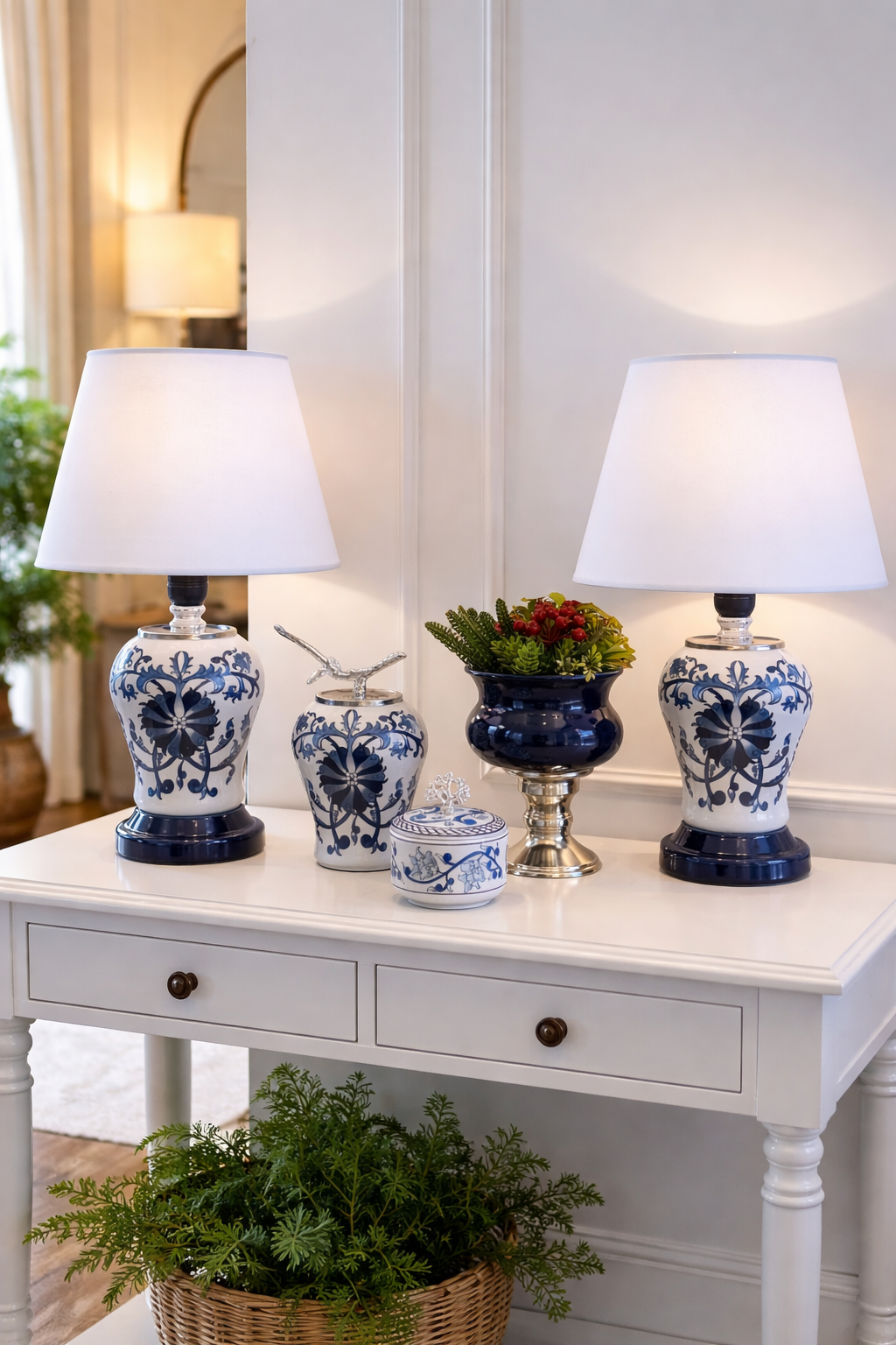 Salon Seti Abajur Aydınlatma ve Dekoratif Obje Mavi Çiçekli Desen GÜMÜŞ