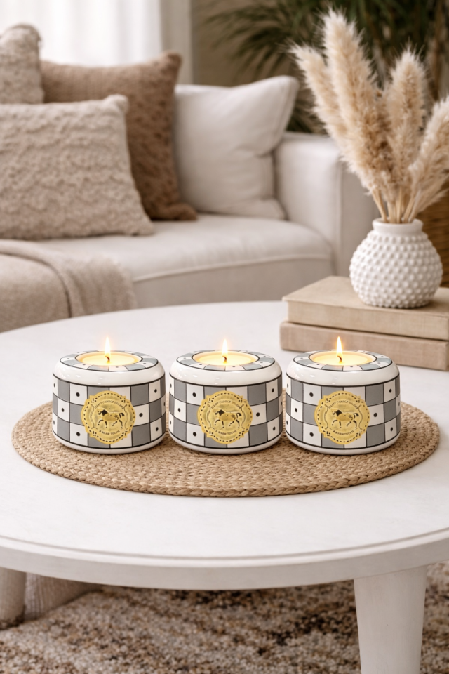 Mumluk 3 lü Seramik Tilayt Mumluk Dekoratif Obje Gri Damalı