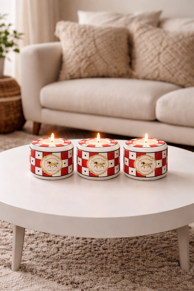 Mumluk 3 lü Seramik Tilayt Mumluk Dekoratif Obje Kırmızı Damalı