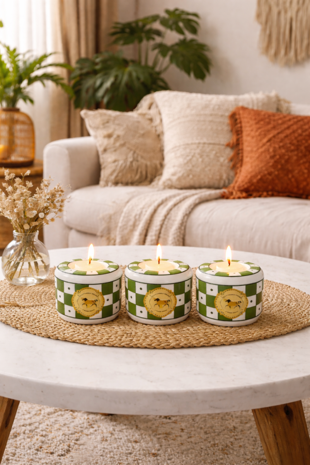 Mumluk 3 lü Seramik Tilayt Mumluk Dekoratif Obje Yeşil Damalı