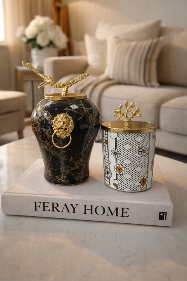 Dekoratif Obje Aslanlı Kahverengi Mermer Silindir Ceramic Desen GÜMÜŞ Dekoratif Obje Aslanlı Şah Siyah Mermer Silindir Hasır Desen Gold