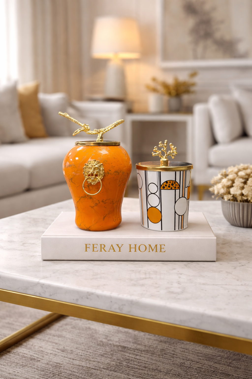 Dekoratif Obje Aslanlı Şah Soft Sarı Mermer Silindir Geometrik Desen Gold