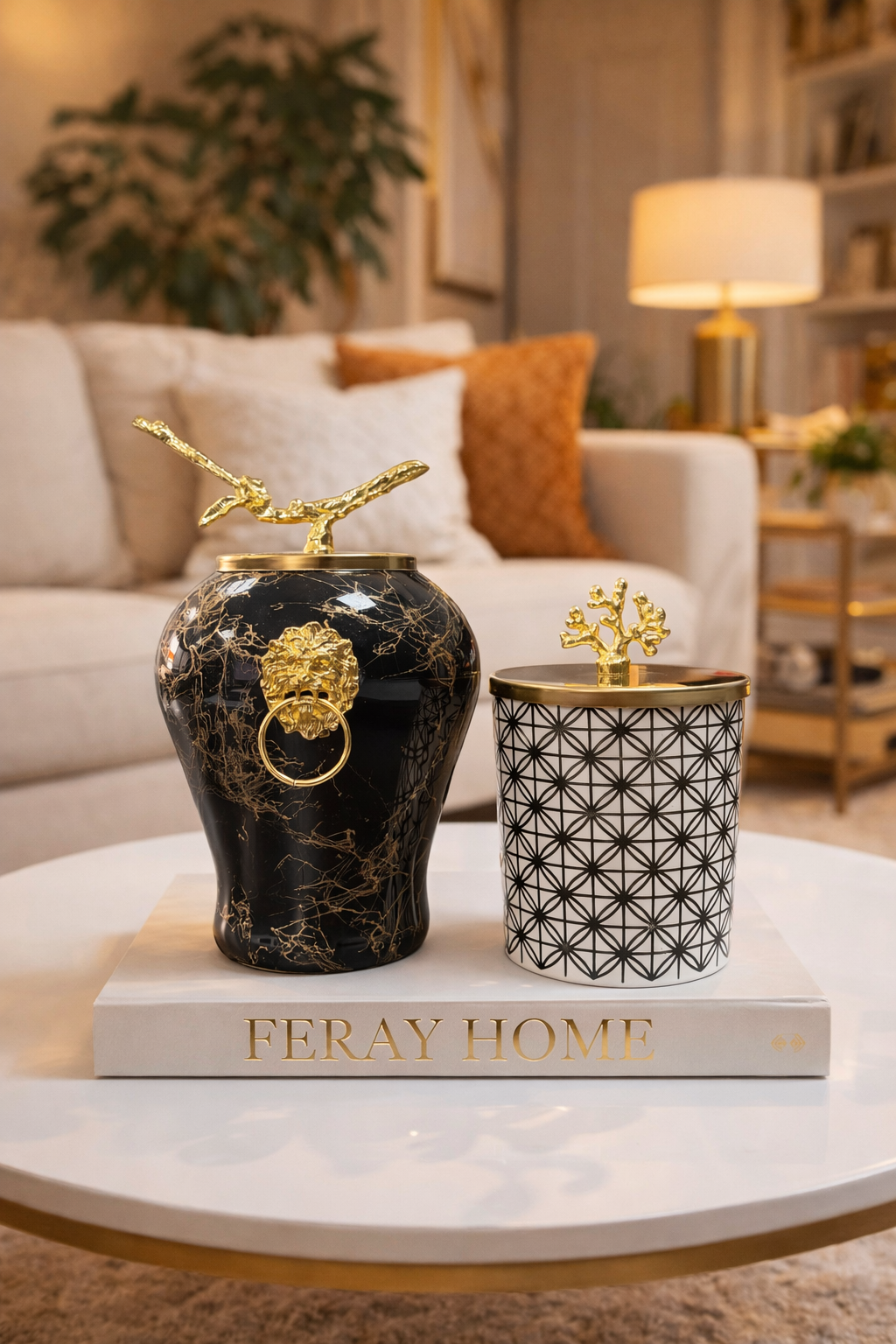 Dekoratif Obje Aslanlı Şah Siyah Mermer Silindir Yonca Desen Gold
