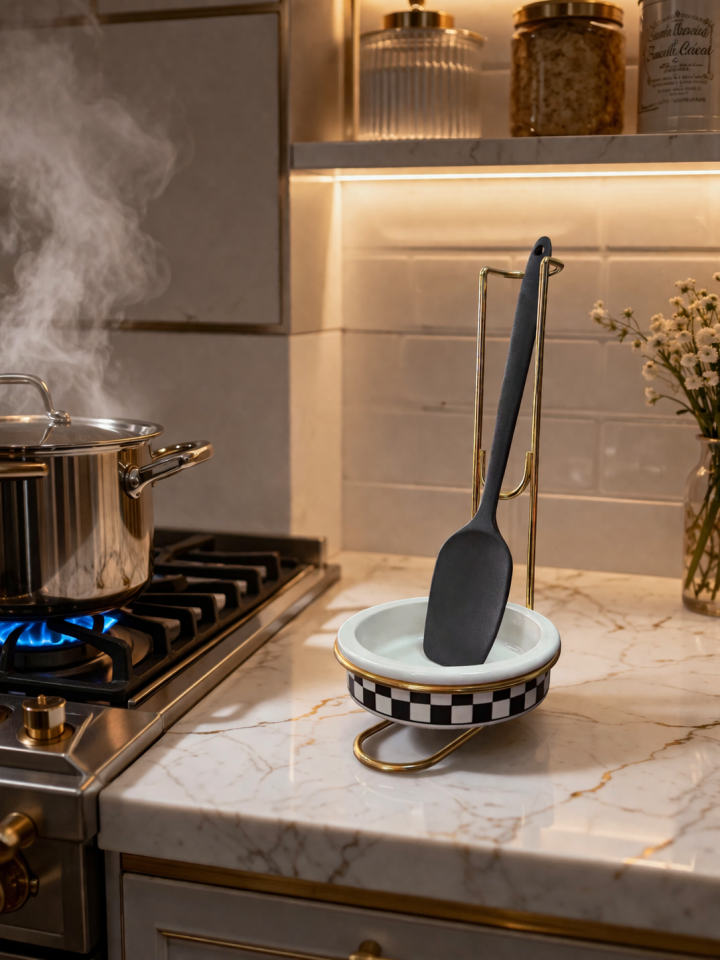 Kaşıklık Mutfak Aksesuarı Yemek Kaşıklığı Siyah Damalı Gold