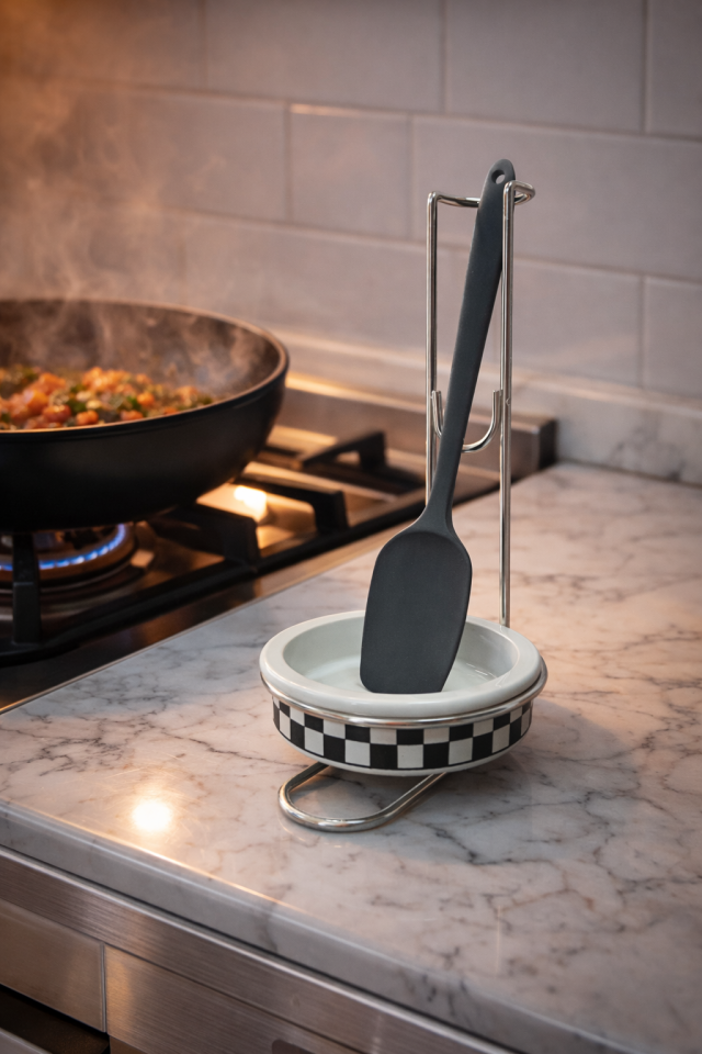 Kaşıklık Mutfak Aksesuarı Yemek Kaşıklığı Siyah Damalı GÜMÜŞ