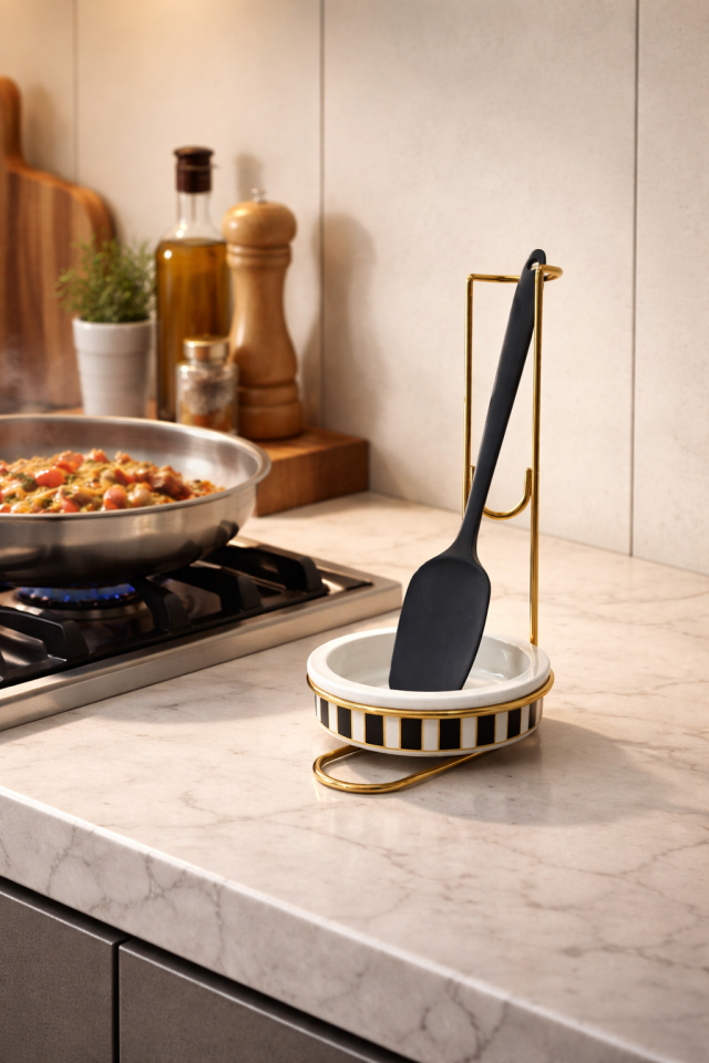 Kaşıklık Mutfak Aksesuarı Yemek Kaşıklığı Siyah Dik Çizgi Gold