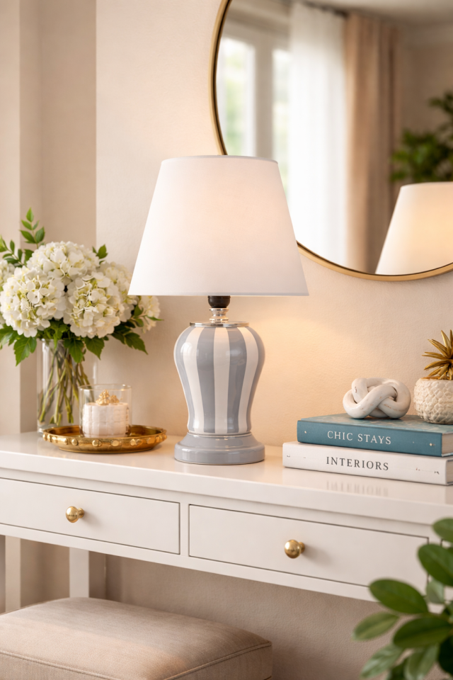 Abajur Aydınlatma Şah Gri Dik Çizgi Beyaz Şapka GÜMÜŞ