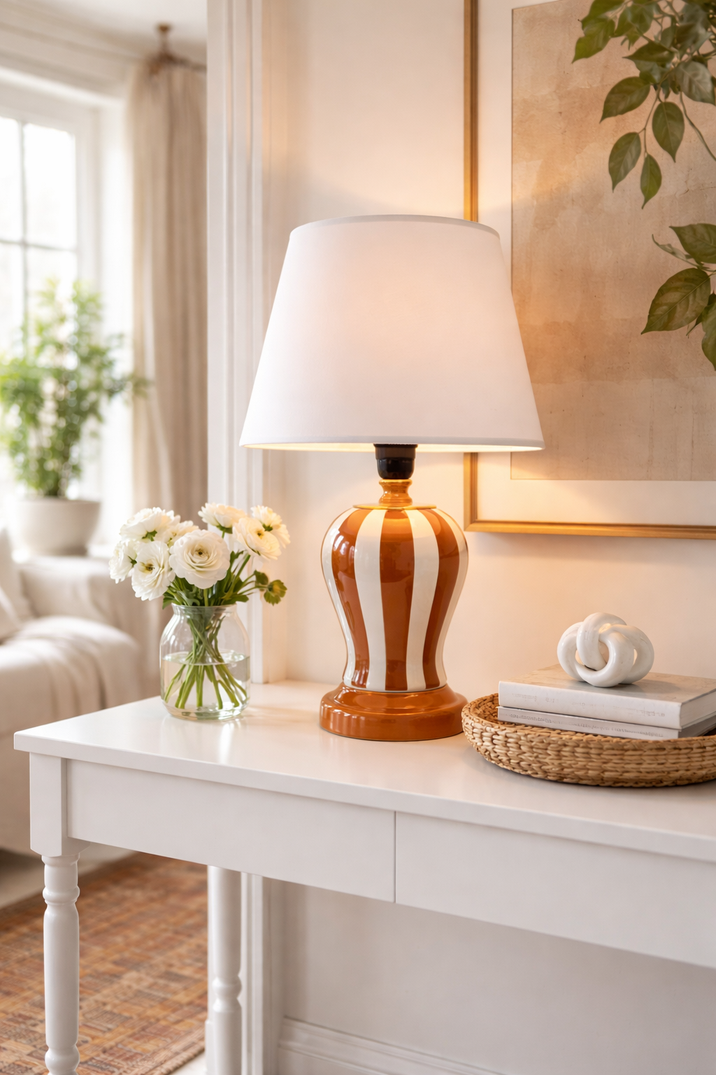 Abajur Aydınlatma Şah Kahverengi Dik Çizgi Beyaz Şapka Gold