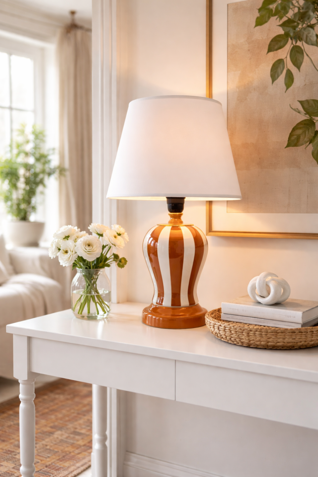 Abajur Aydınlatma Şah Kahverengi Dik Çizgi Beyaz Şapka Gold