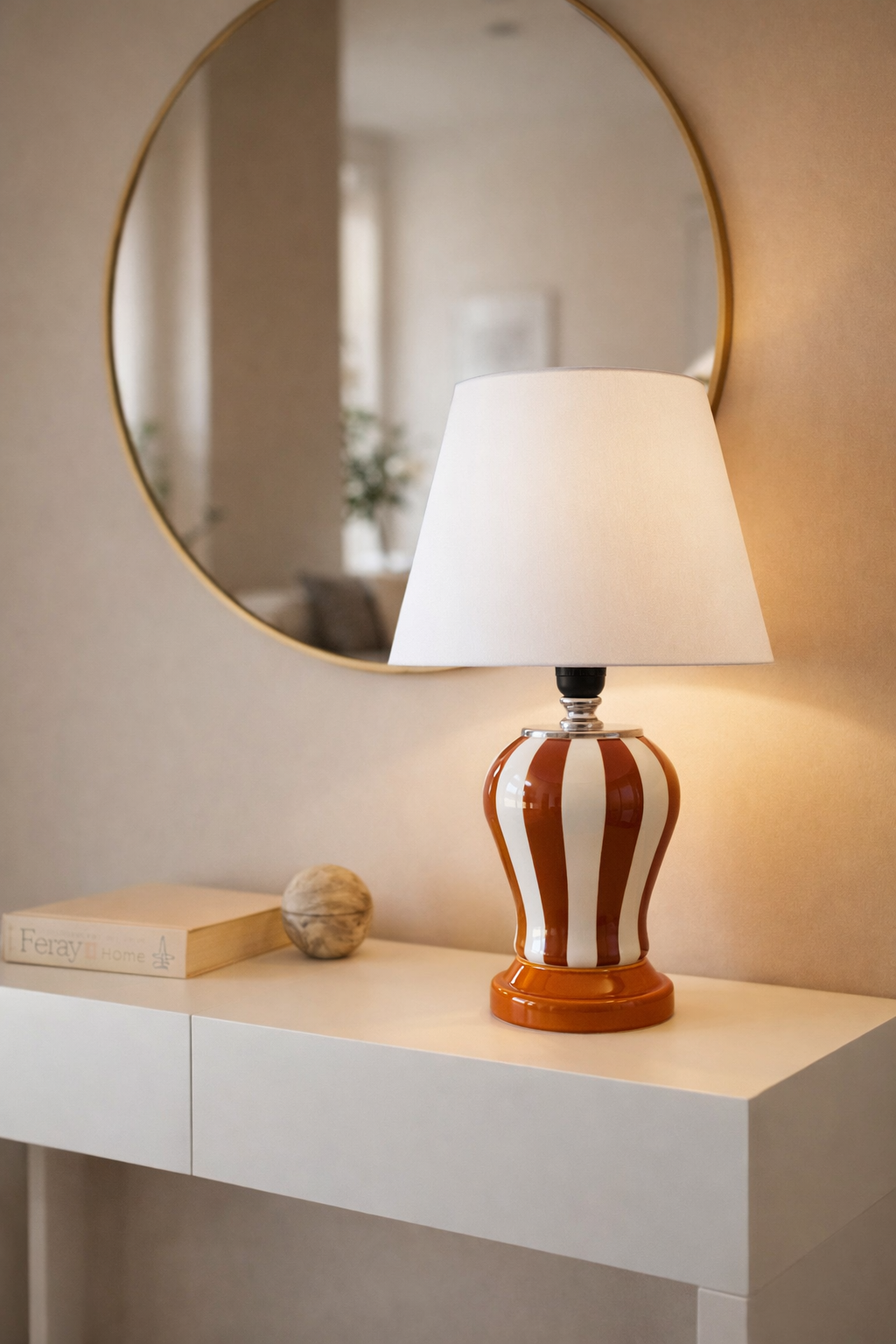 Abajur Aydınlatma Şah Kahverengi Dik Çizgi Beyaz Şapka GÜMÜŞ