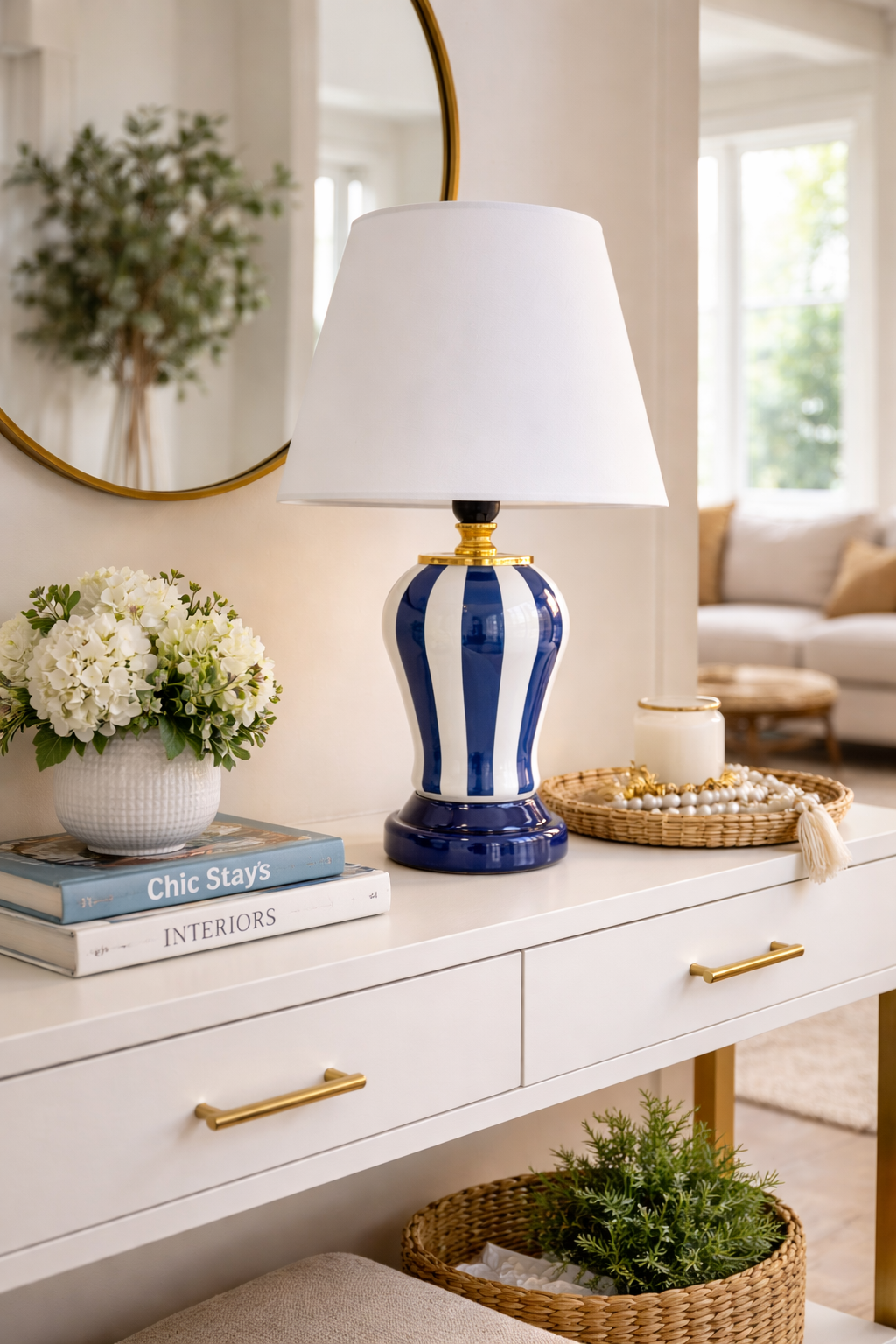 Abajur Aydınlatma Şah Lacivert Dik Çizgi Beyaz Şapka Gold