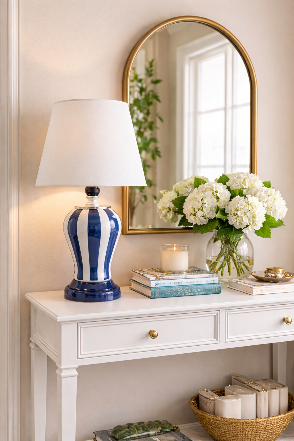 Abajur Aydınlatma Şah Lacivert Dik Çizgi Beyaz Şapka GÜMÜŞ