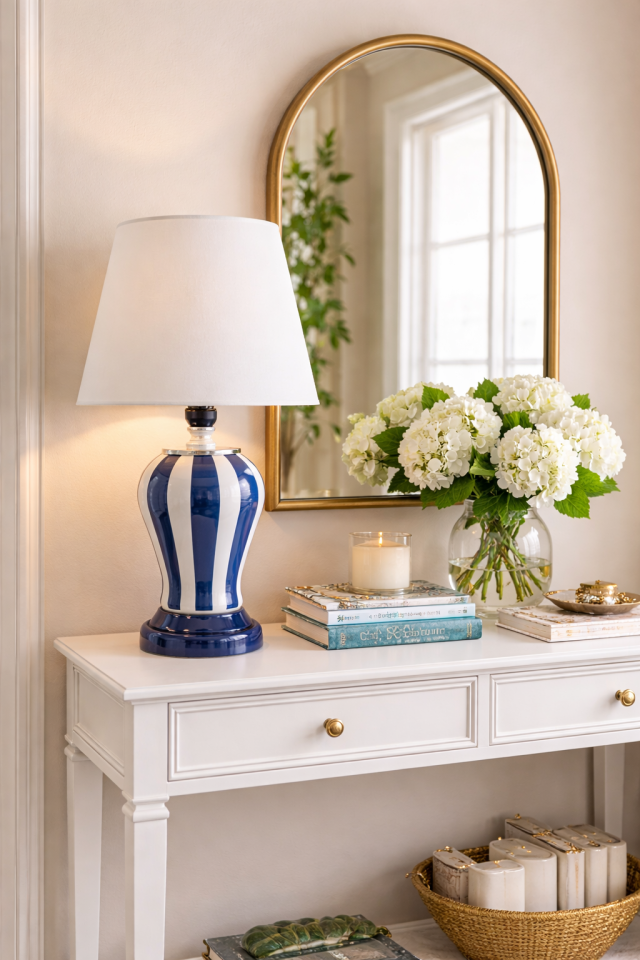 Abajur Aydınlatma Şah Lacivert Dik Çizgi Beyaz Şapka GÜMÜŞ