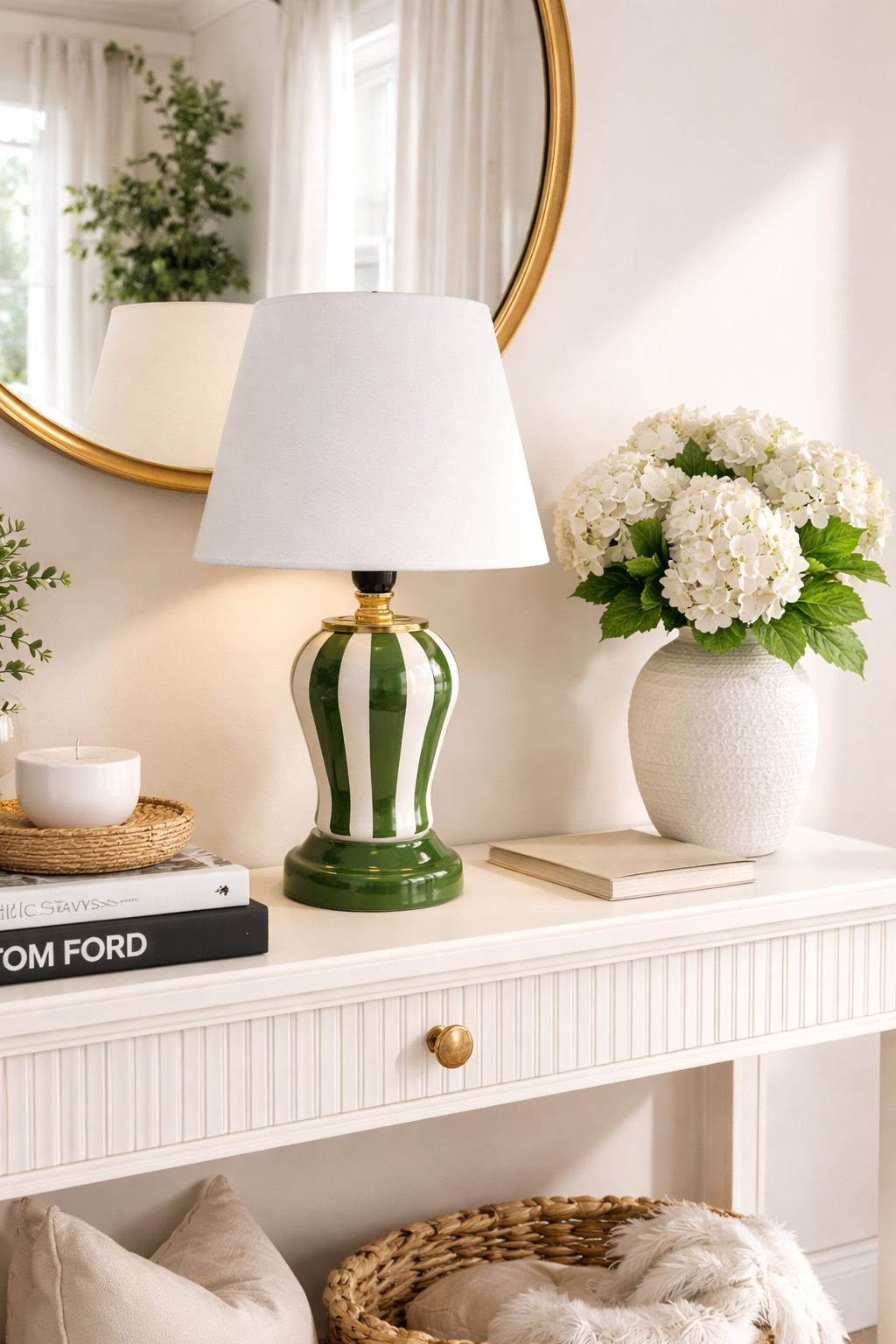 Abajur Aydınlatma Şah Yeşil Dik Çizgi Beyaz Şapka Gold