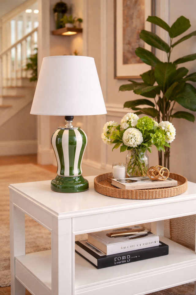 Abajur Aydınlatma Şah Yeşil Dik Çizgi Beyaz Şapka GÜMÜŞ