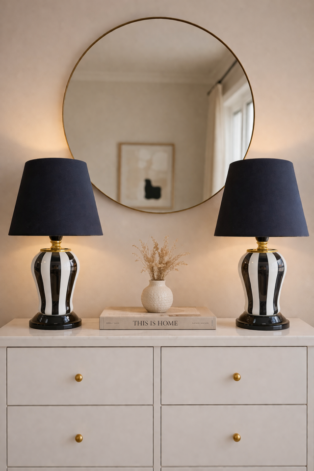 Abajur Aydınlatma 2 li Şah Siyah Dik Çizgi Gold