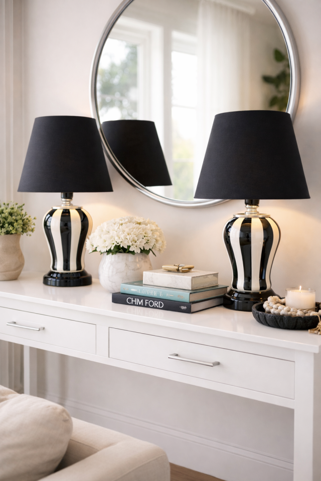 Abajur Aydınlatma 2 li Şah Siyah Dik Çizgi GÜMÜŞ