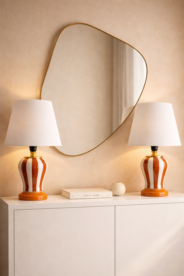 Abajur Aydınlatma 2 li Şah Kahverengi Dik Çizgi Gold