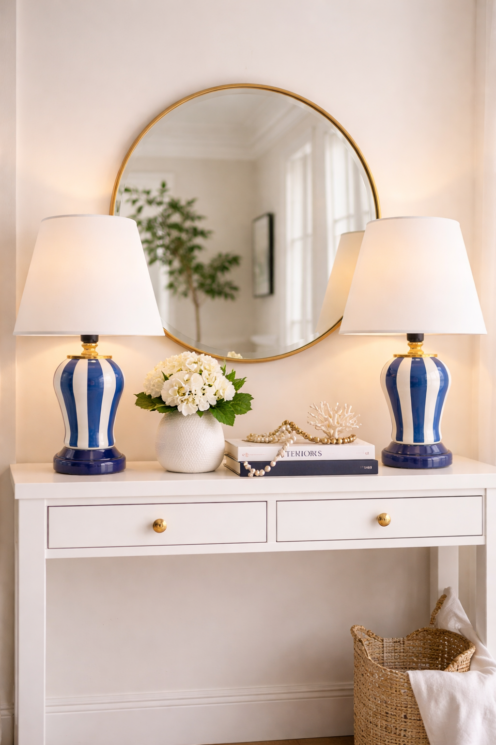 Abajur Aydınlatma 2 li Şah Lacivert Dik Çizgi Gold