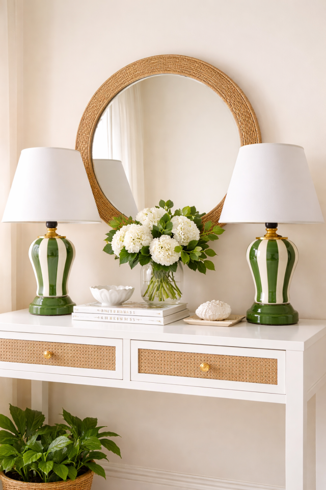 Abajur Aydınlatma 2 li Şah Yeşil Dik Çizgi Gold