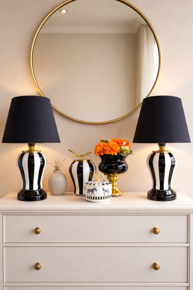 Salon Seti Abajur Aydınlatma Siyah Dik Çizgi ve Dekoratif Obje Zebra At Gold