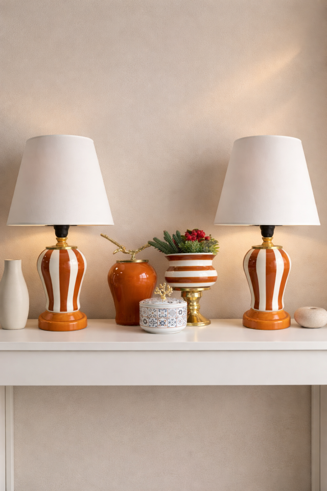 Salon Seti Abajur Aydınlatma Kahverengi Dik Çizgi ve Dekoratif Obje Ceramic Desen Gold