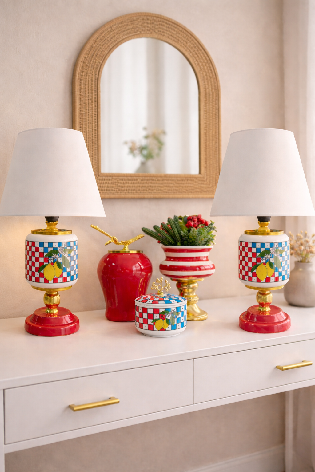 Salon Seti Oval Abajur Aydınlatma Limon Damalı ve Dekoratif Obje Limon Damalı Gold