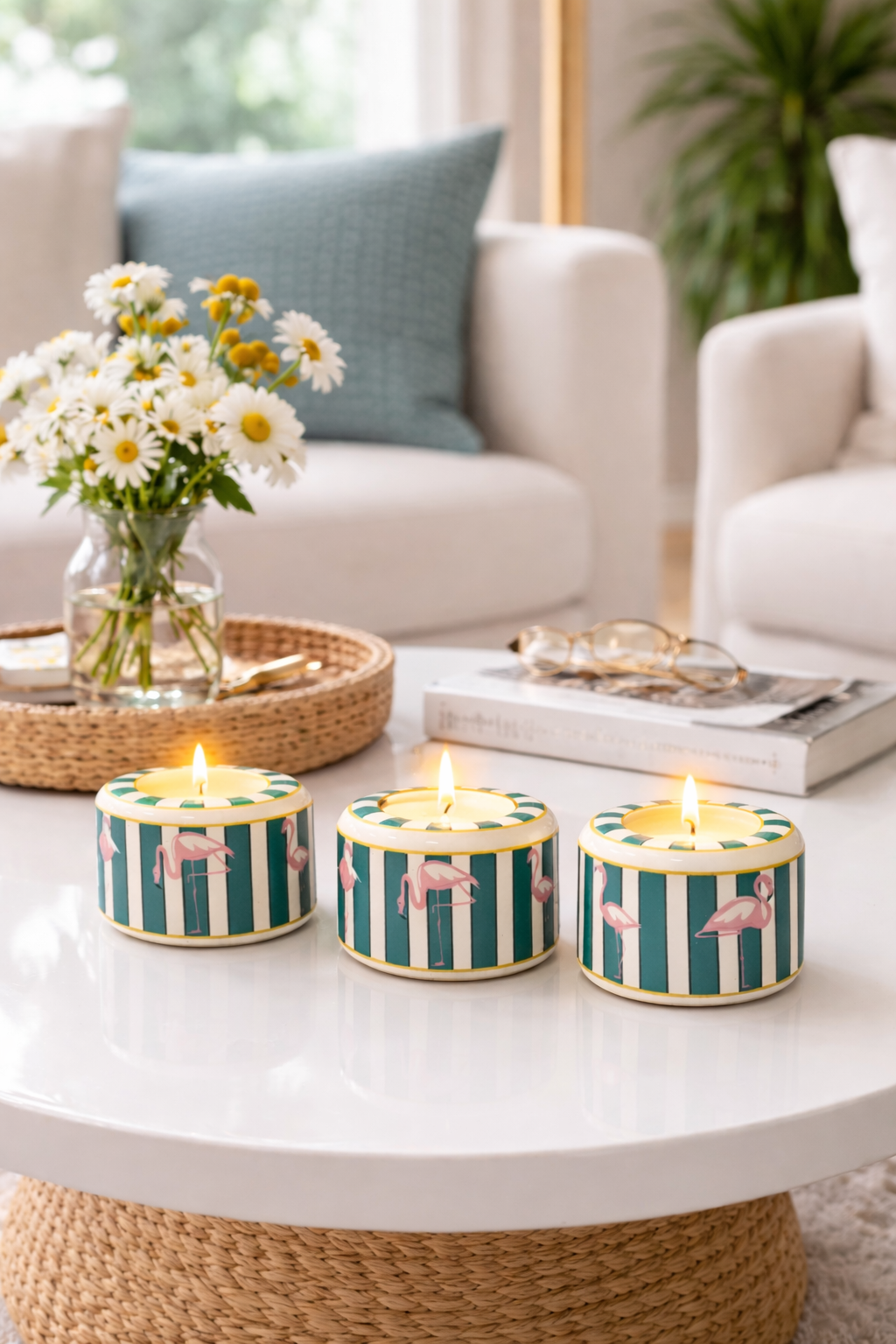 Mumluk 3 lü Seramik Tilayt Mumluk Dekoratif Obje Yeşil Dİk Çizgili FLAMİNGO