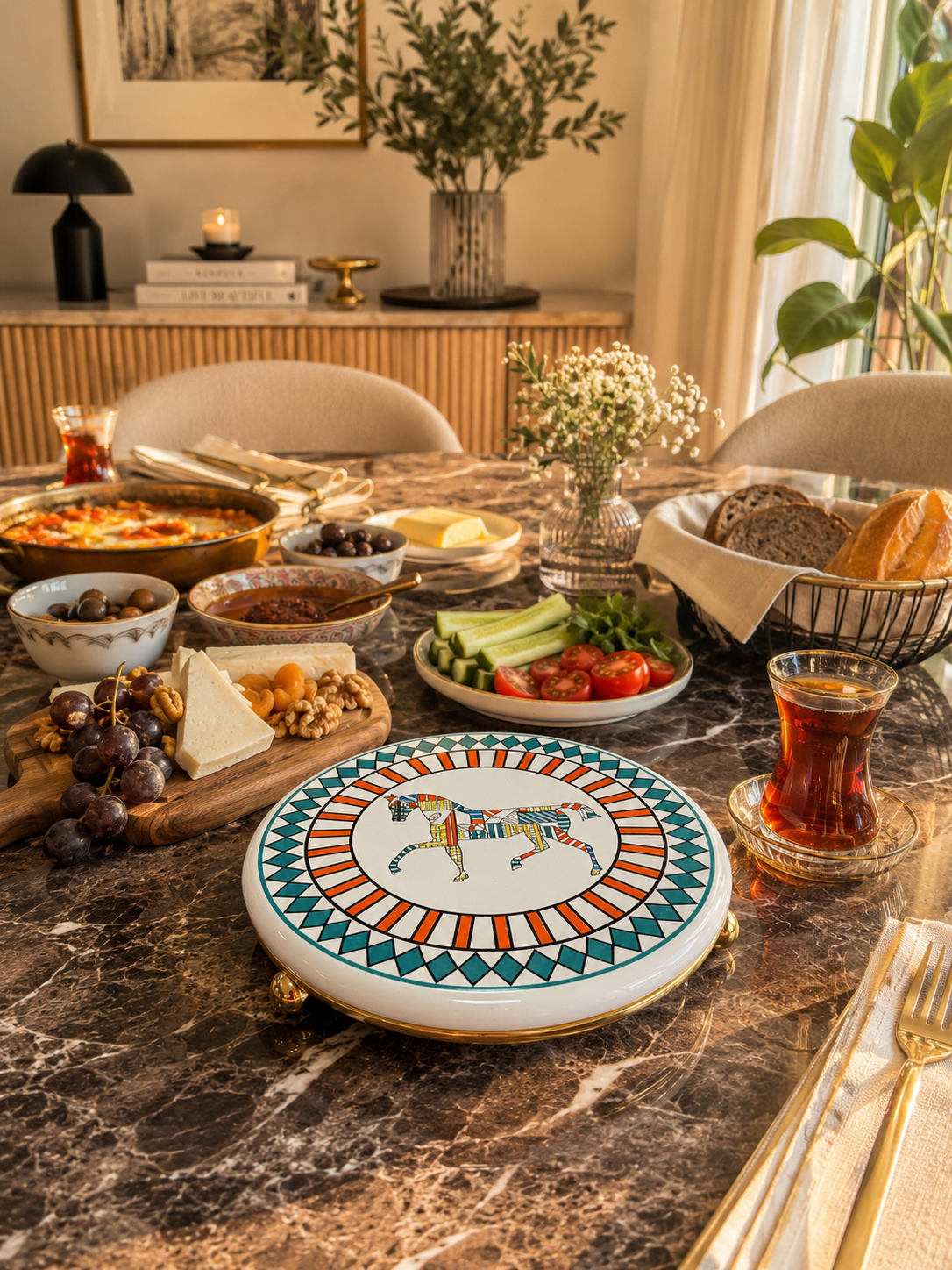 Nihale Çaydanlık Tava Altlığı Herm Renkli Desen Gold