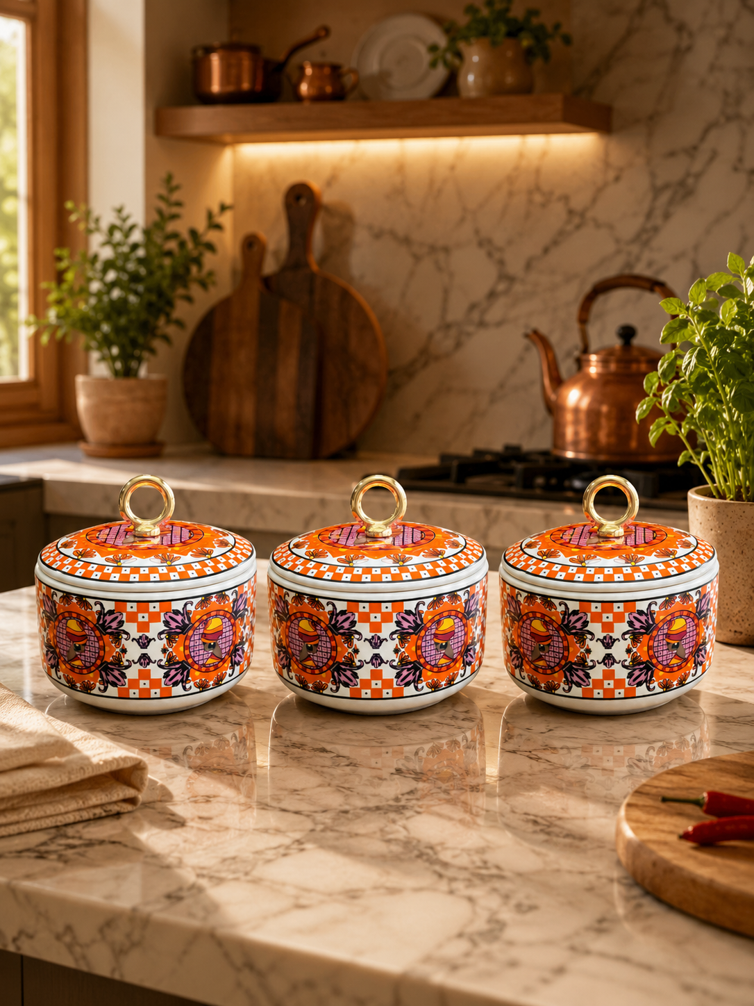 Kahvaltılık 3 lü Şekerlik Sunumluk African Desen Turuncu Halka Gold