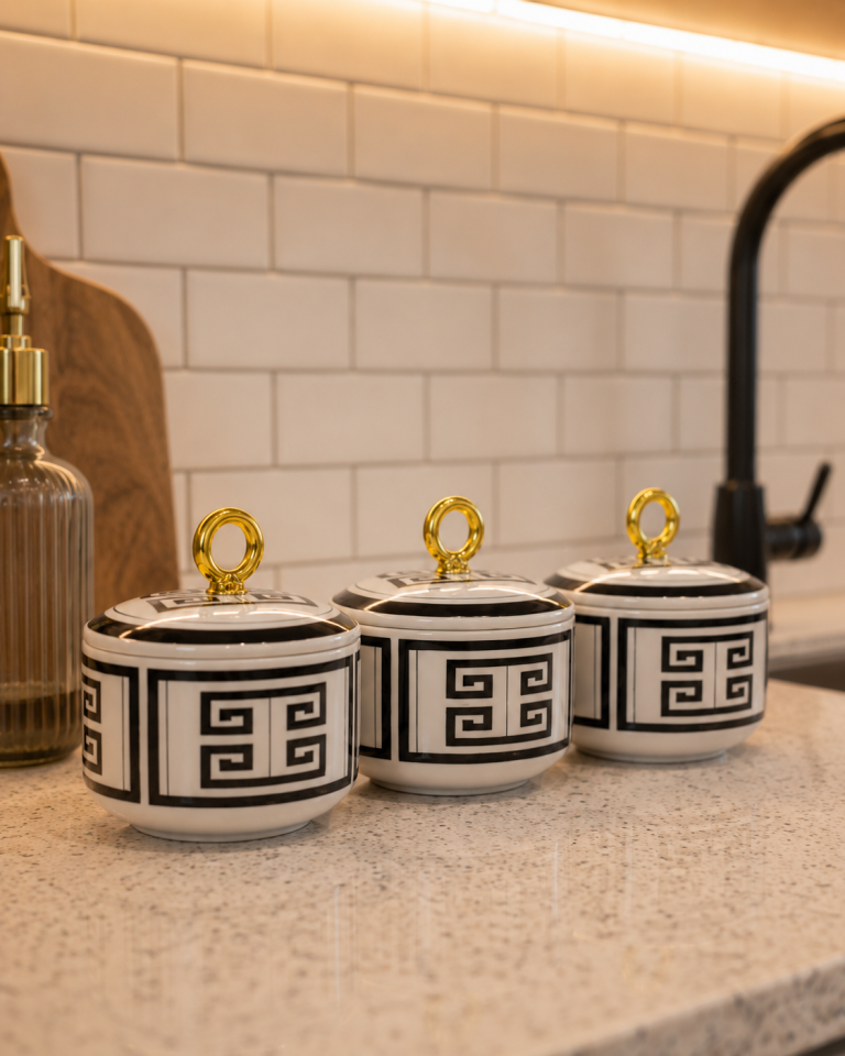 Kahvaltılık 3 lü Şekerlik Sunumluk Versa Desen Siyah Halka Gold