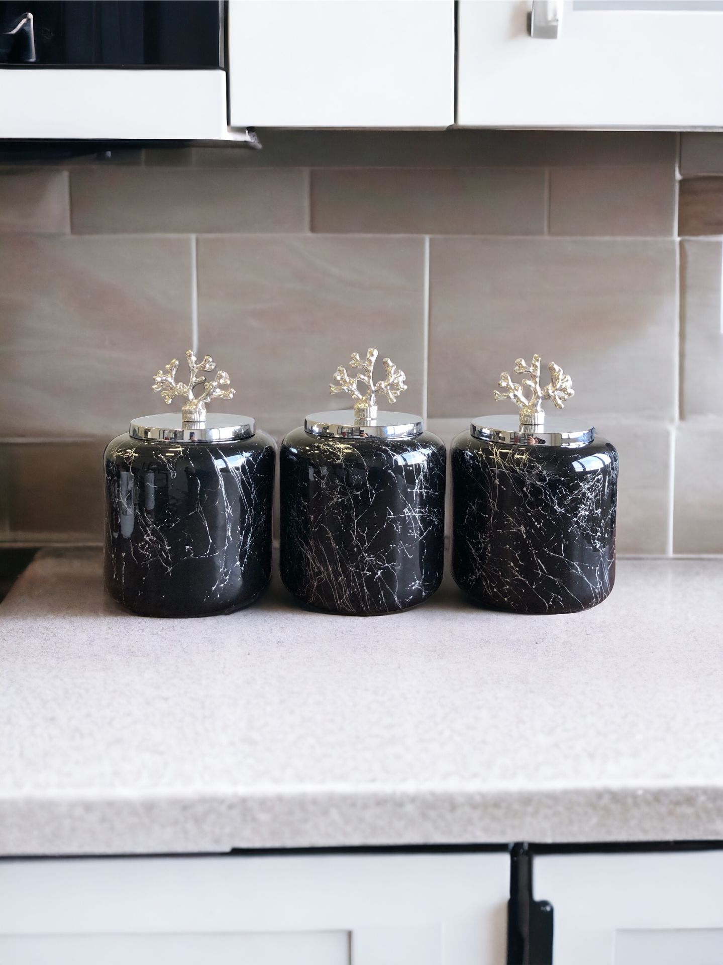 Baharatlık  Büyük Set  3 lü Siyah Gümüş Mermer Desenli Gümüş - 1.4 Litre Hacim
