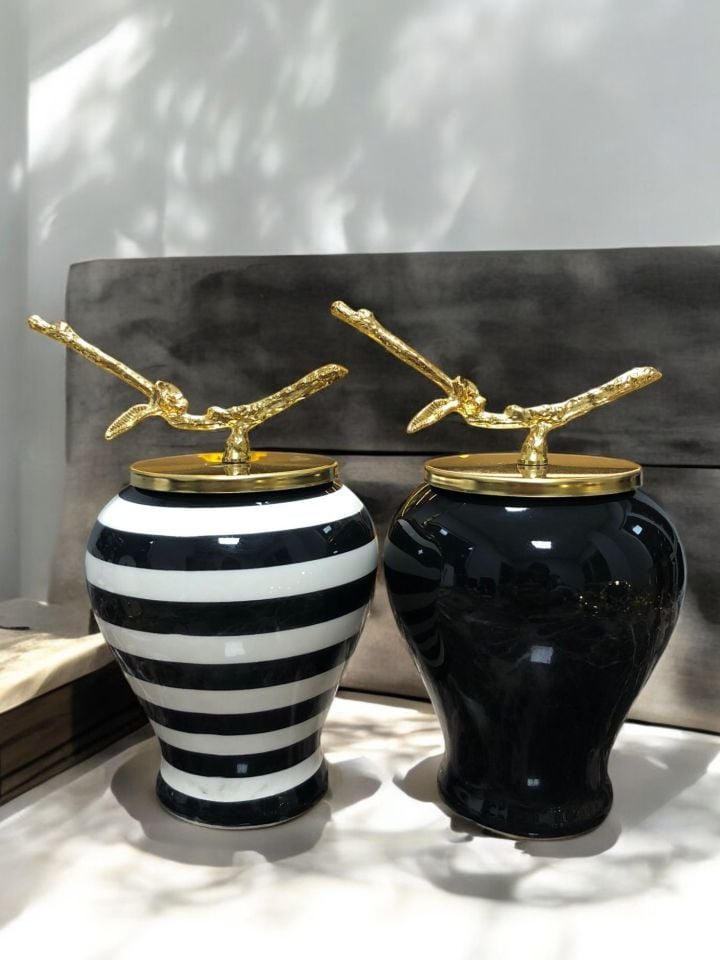 Dekoratif Obje Şah Küp 2 li Gold Dal Zamaklı Siyah Klasik Zebra