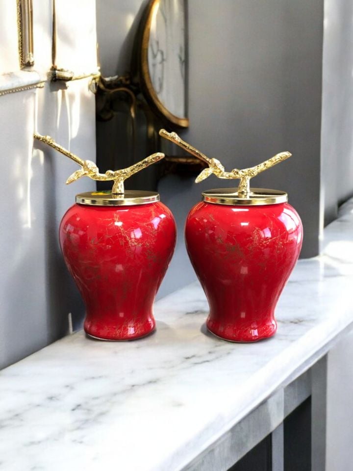 Dekoratif Obje Şah Küp 2 li Gold Dal Zamaklı Kırmızı Gold Mermer