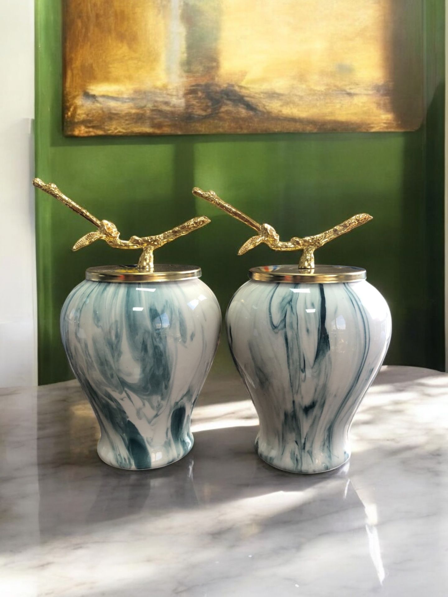 Dekoratif Obje Şah Küp 2 li Gold Dal Zamaklı Petrol Yeşili Marble