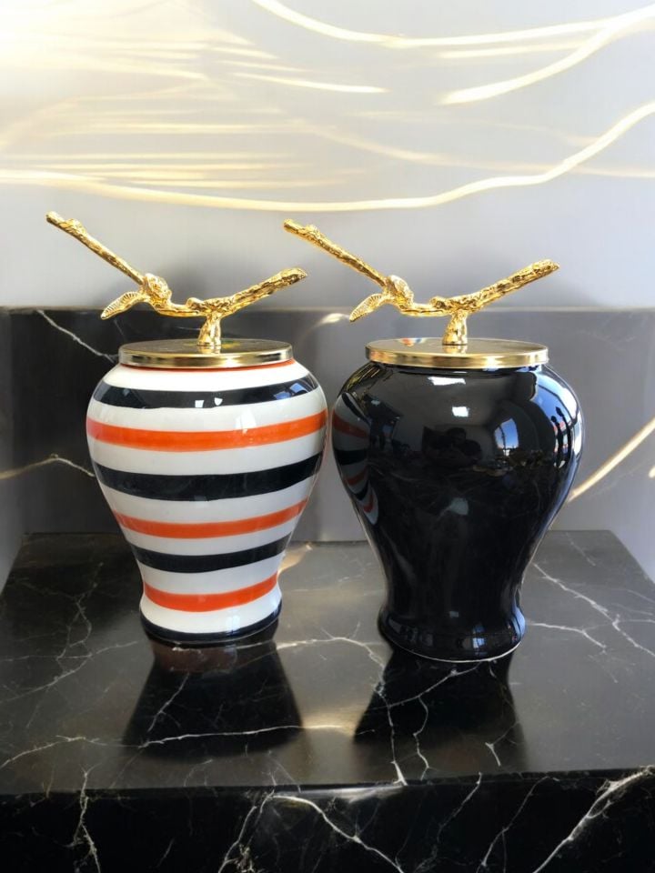 Dekoratif Obje Şah Küp 2 li Gold Dal Zamaklı Turuncu Siyah Zebra