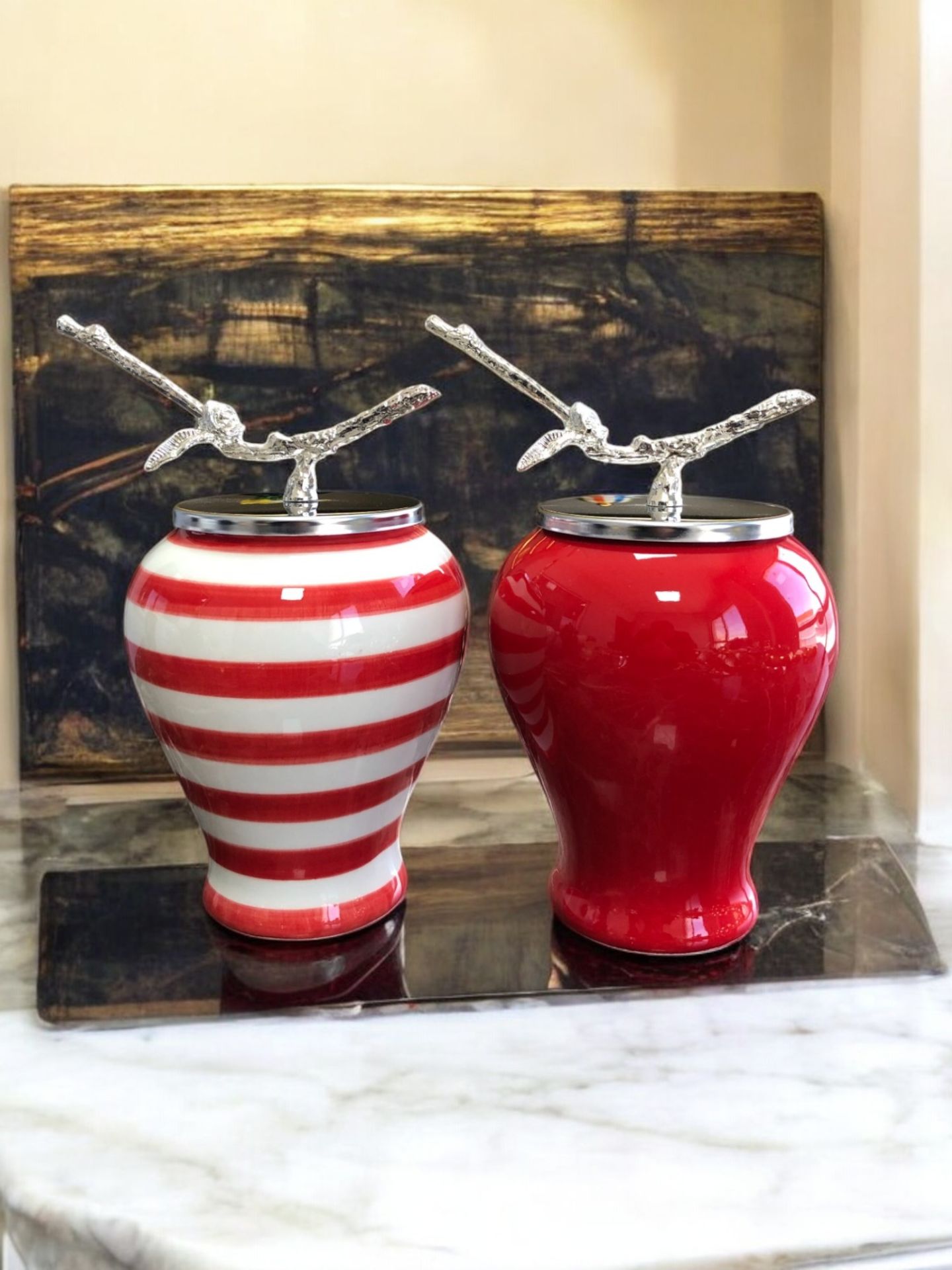 Dekoratif Obje Şah Küp 2 li Gümüş Dal Zamaklı Kırmızı Klasik Zebra