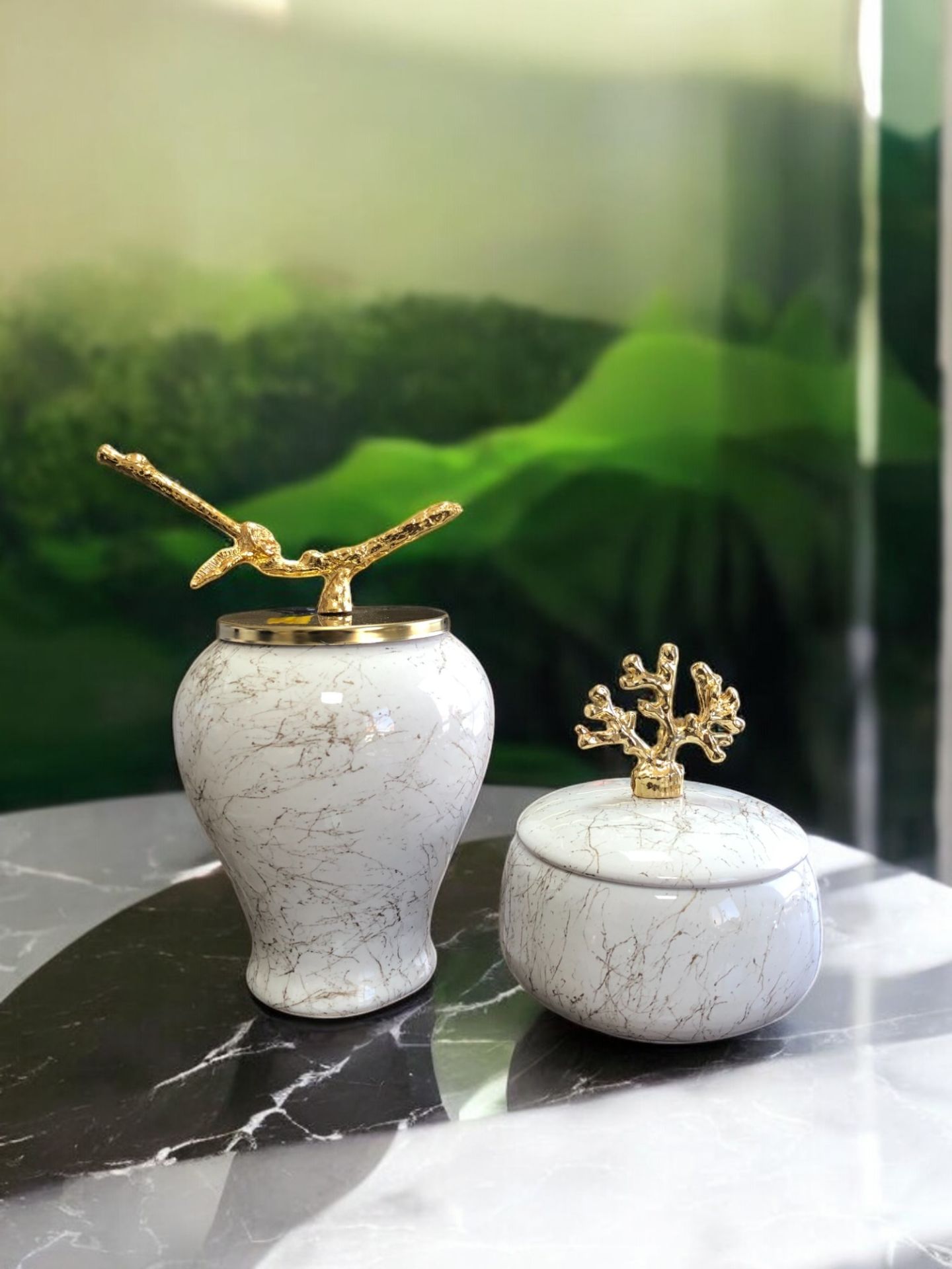 Dekoratif Obje Gold Dallı Beyaz Mermer Şah Küp Mercan Zamaklı Beyaz Mermer Obje