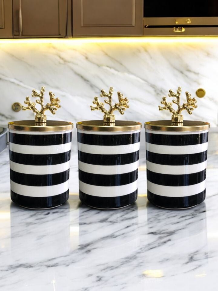 Baharatlık 3 lü Set Kahve Köşesi Klasik Zebra Siyah Gold Mercan