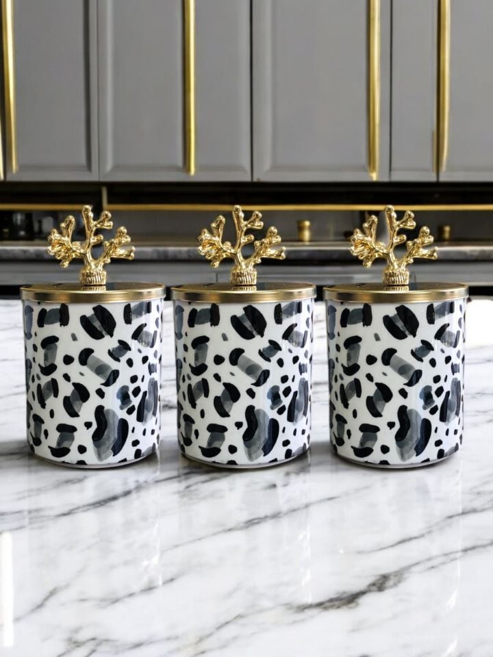 Baharatlık 3 lü Set Kahve Köşesi Leopar Desen Gri Gold Mercan