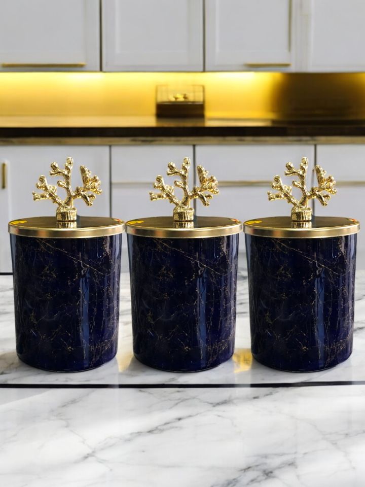 Baharatlık 3 lü Set Kahve Köşesi Lacivert Gold Mermer Gold Mercan