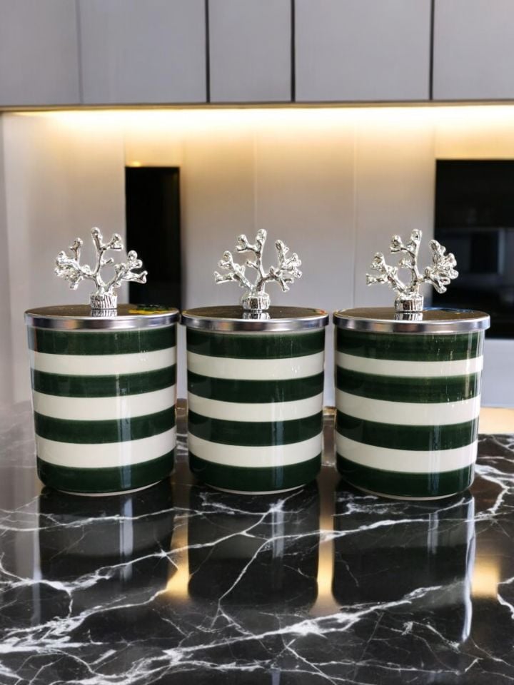 Baharatlık 3 lü Set Kahve Köşesi Klasik Zebra Yeşil GÜMÜŞ Mercan