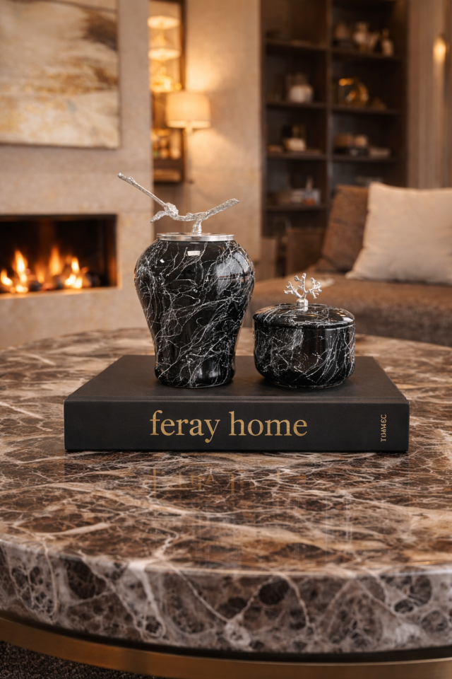 Dekoratif Obje Gümüş Dallı Siyah Gümüş Mermer Şah Küp Mercan Zamaklı Obje