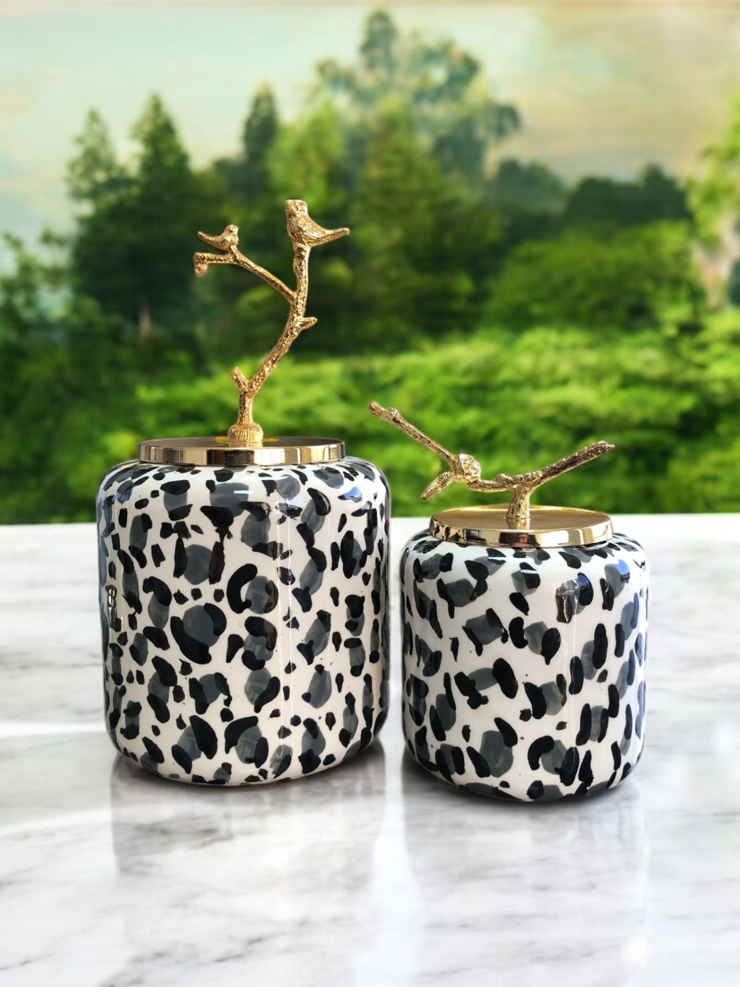 Dekoratif Obje Oval Küp 2 li Set Leopar Desen Gri