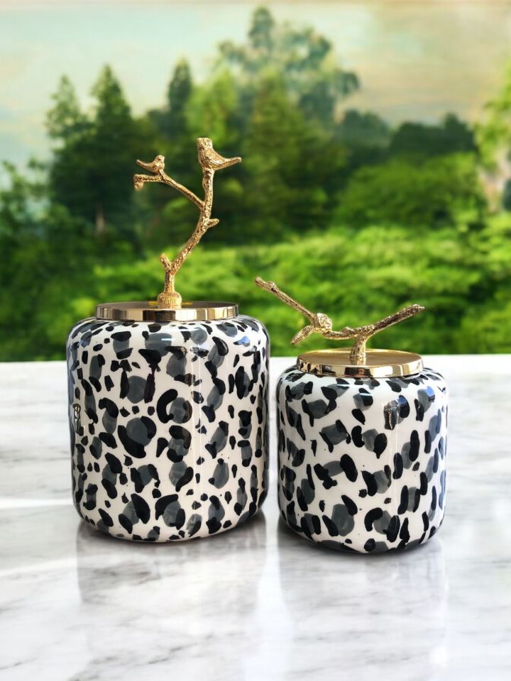 Dekoratif Obje Oval Küp 2 li Set Leopar Desen Gri