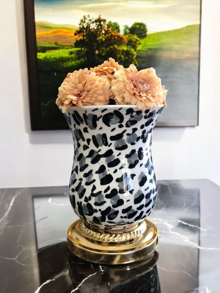 Dekoratif Obje Çan Vazo Gri Leopar Desenli Gold